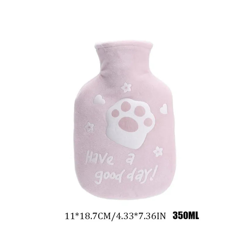 350ML Safe Hot Water Bottle Cat Soft Warm Winter Portable Reusable Protective with Plush Cover Washable Leak Proof Pain Relief