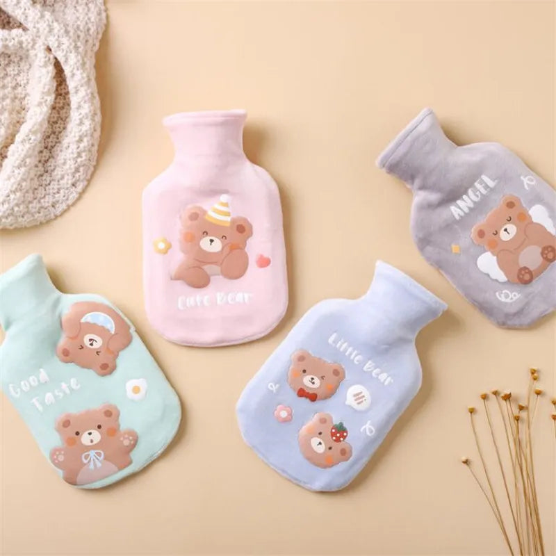350ML Safe Hot Water Bottle Cat Soft Warm Winter Portable Reusable Protective with Plush Cover Washable Leak Proof Pain Relief