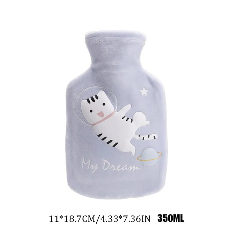 350ML Safe Hot Water Bottle Cat Soft Warm Winter Portable Reusable Protective with Plush Cover Washable Leak Proof Pain Relief
