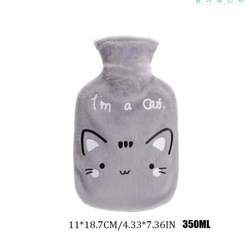 350ML Safe Hot Water Bottle Cat Soft Warm Winter Portable Reusable Protective with Plush Cover Washable Leak Proof Pain Relief