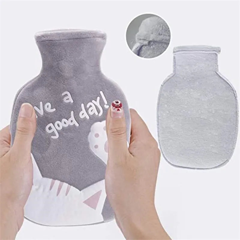 350ML Safe Hot Water Bottle Cat Soft Warm Winter Portable Reusable Protective with Plush Cover Washable Leak Proof Pain Relief