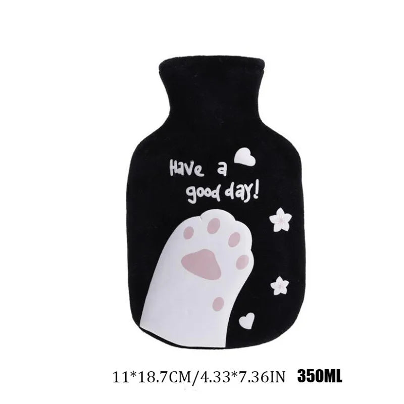 350ML Safe Hot Water Bottle Cat Soft Warm Winter Portable Reusable Protective with Plush Cover Washable Leak Proof Pain Relief