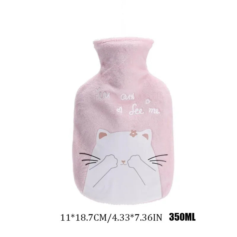 350ML Safe Hot Water Bottle Cat Soft Warm Winter Portable Reusable Protective with Plush Cover Washable Leak Proof Pain Relief