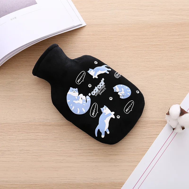 350ML Safe Hot Water Bottle Cat Soft Warm Winter Portable Reusable Protective with Plush Cover Washable Leak Proof Pain Relief