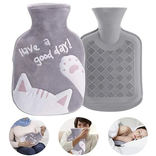 350ML Safe Hot Water Bottle Cat Soft Warm Winter Portable Reusable Protective with Plush Cover Washable Leak Proof Pain Relief