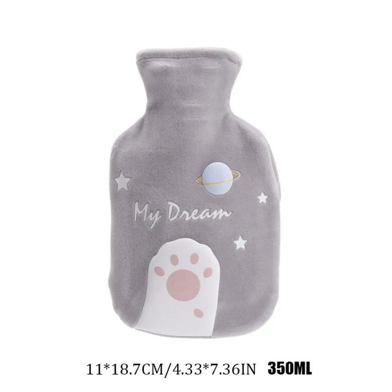 350ML Safe Hot Water Bottle Cat Soft Warm Winter Portable Reusable Protective with Plush Cover Washable Leak Proof Pain Relief