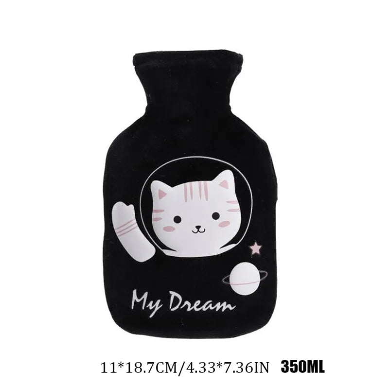 350ML Safe Hot Water Bottle Cat Soft Warm Winter Portable Reusable Protective with Plush Cover Washable Leak Proof Pain Relief