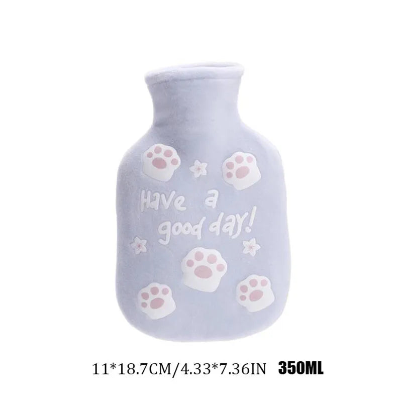 350ML Safe Hot Water Bottle Cat Soft Warm Winter Portable Reusable Protective with Plush Cover Washable Leak Proof Pain Relief