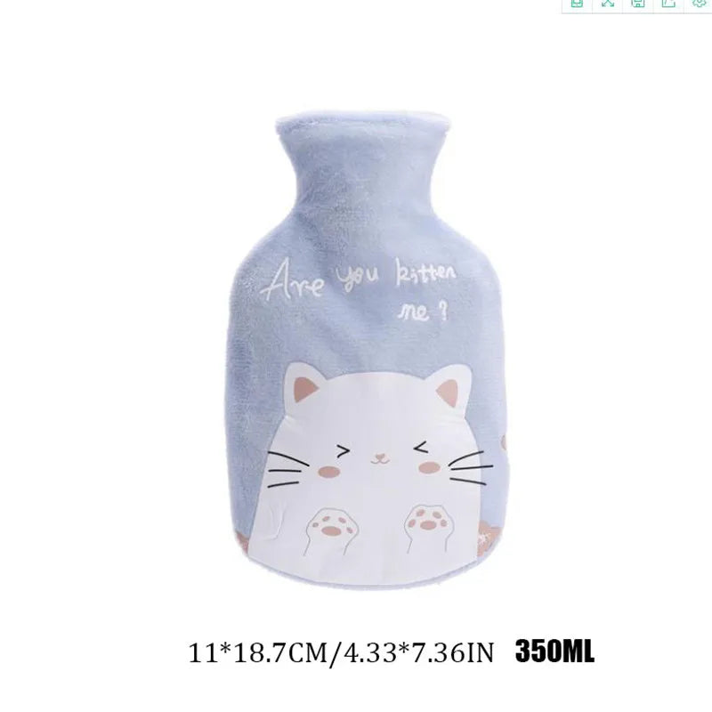350ML Safe Hot Water Bottle Cat Soft Warm Winter Portable Reusable Protective with Plush Cover Washable Leak Proof Pain Relief