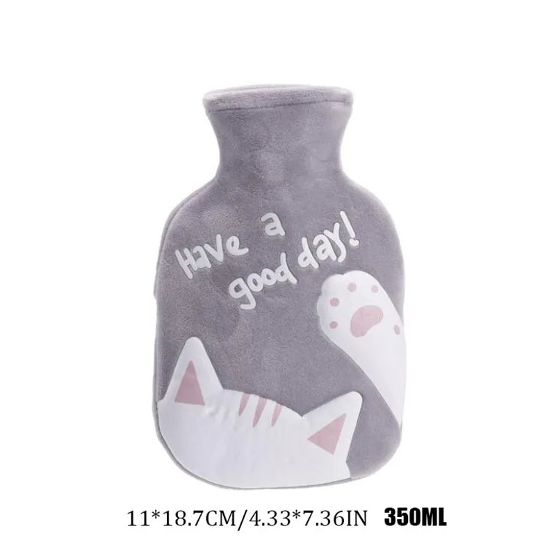 350ML Safe Hot Water Bottle Cat Soft Warm Winter Portable Reusable Protective with Plush Cover Washable Leak Proof Pain Relief