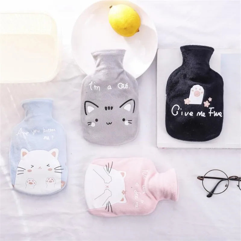350ML Safe Hot Water Bottle Cat Soft Warm Winter Portable Reusable Protective with Plush Cover Washable Leak Proof Pain Relief