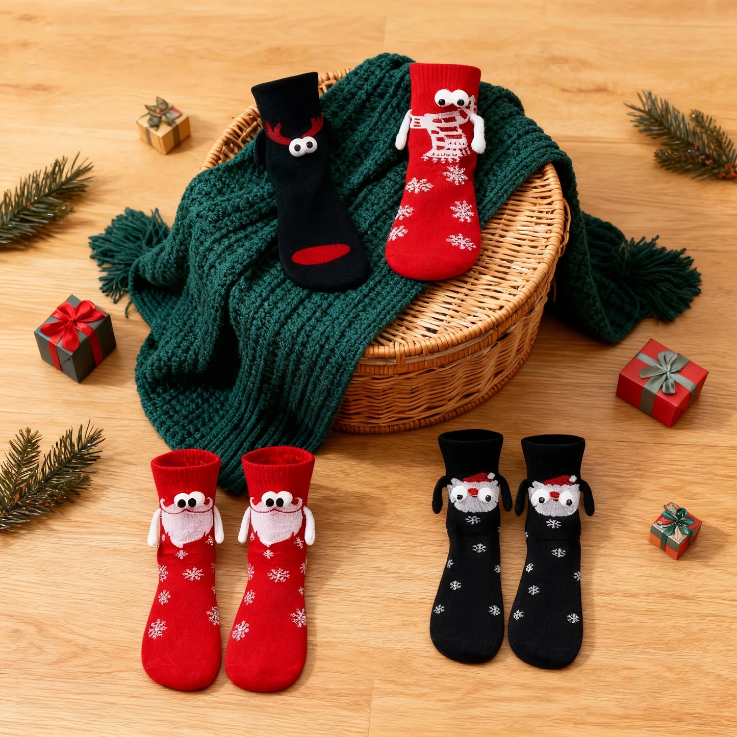 2/5 Pairs Pack, Random Colors, Christmas Gift Knitted Holding-Hands Socks, Magnetic Socks, Popular Internet Socks, Quirky and Unique Couple Socks, Holiday Gift